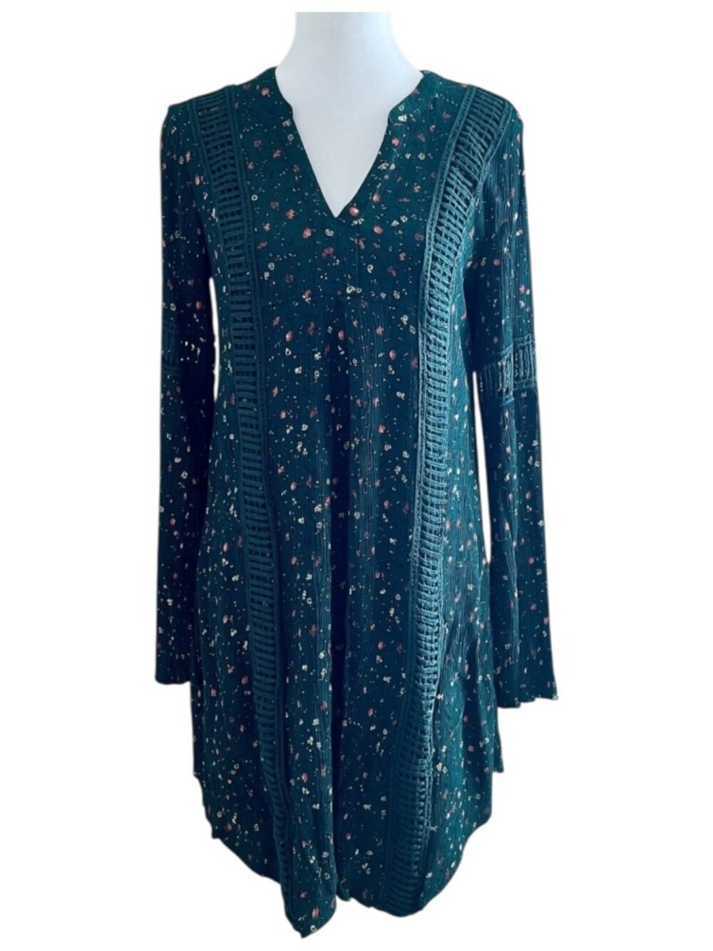 Knox Rose Hunter Green Ditsy Floral Boho Bishop Sleeve Midi Dress - Size M
